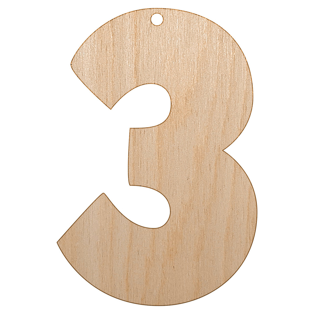 Number 3 Three Fun Bold Font Unfinished Craft Wood Holiday Christmas Tree DIY Pre-Drilled Ornament