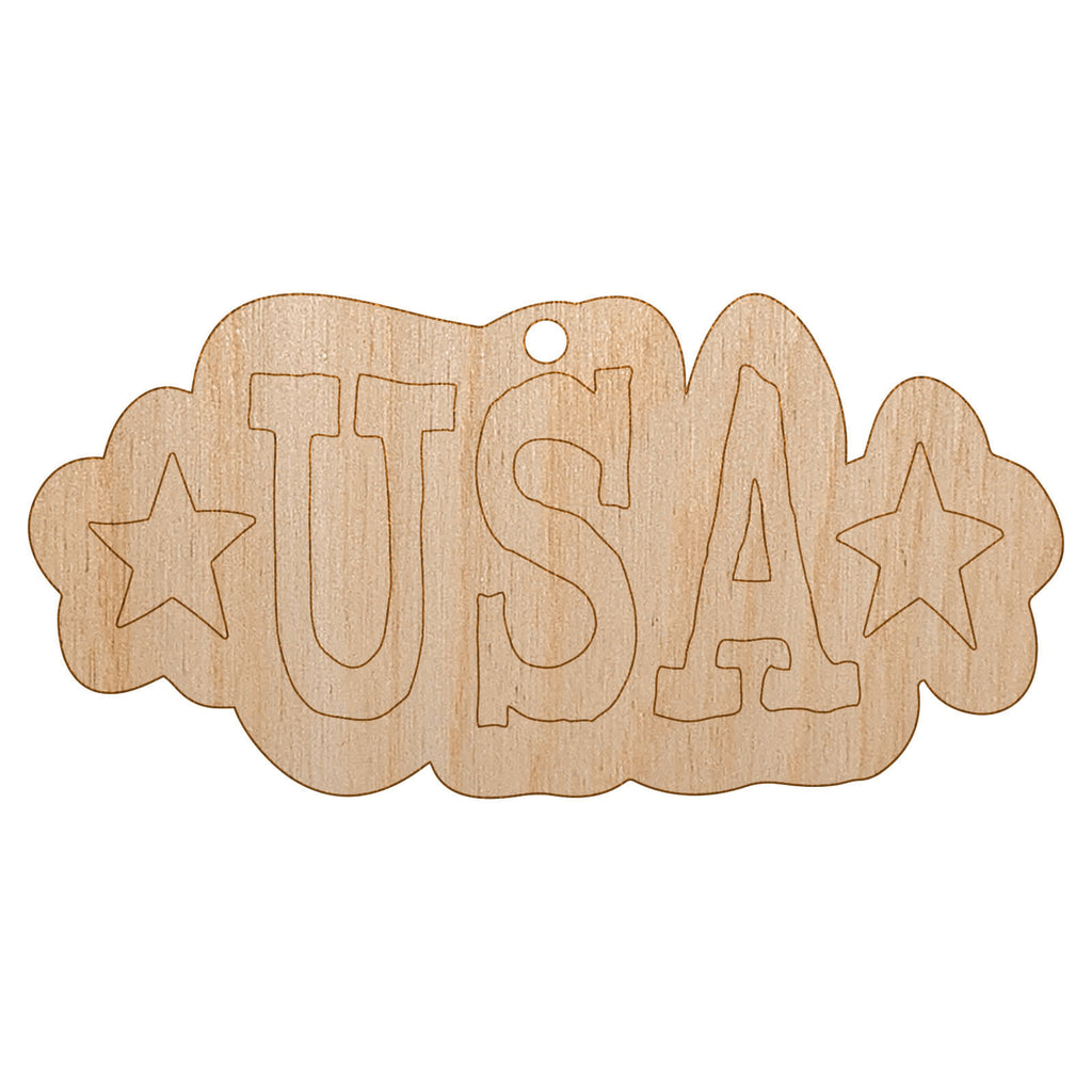 USA with Stars Patriotic Fun Text Unfinished Craft Wood Holiday Christmas Tree DIY Pre-Drilled Ornament