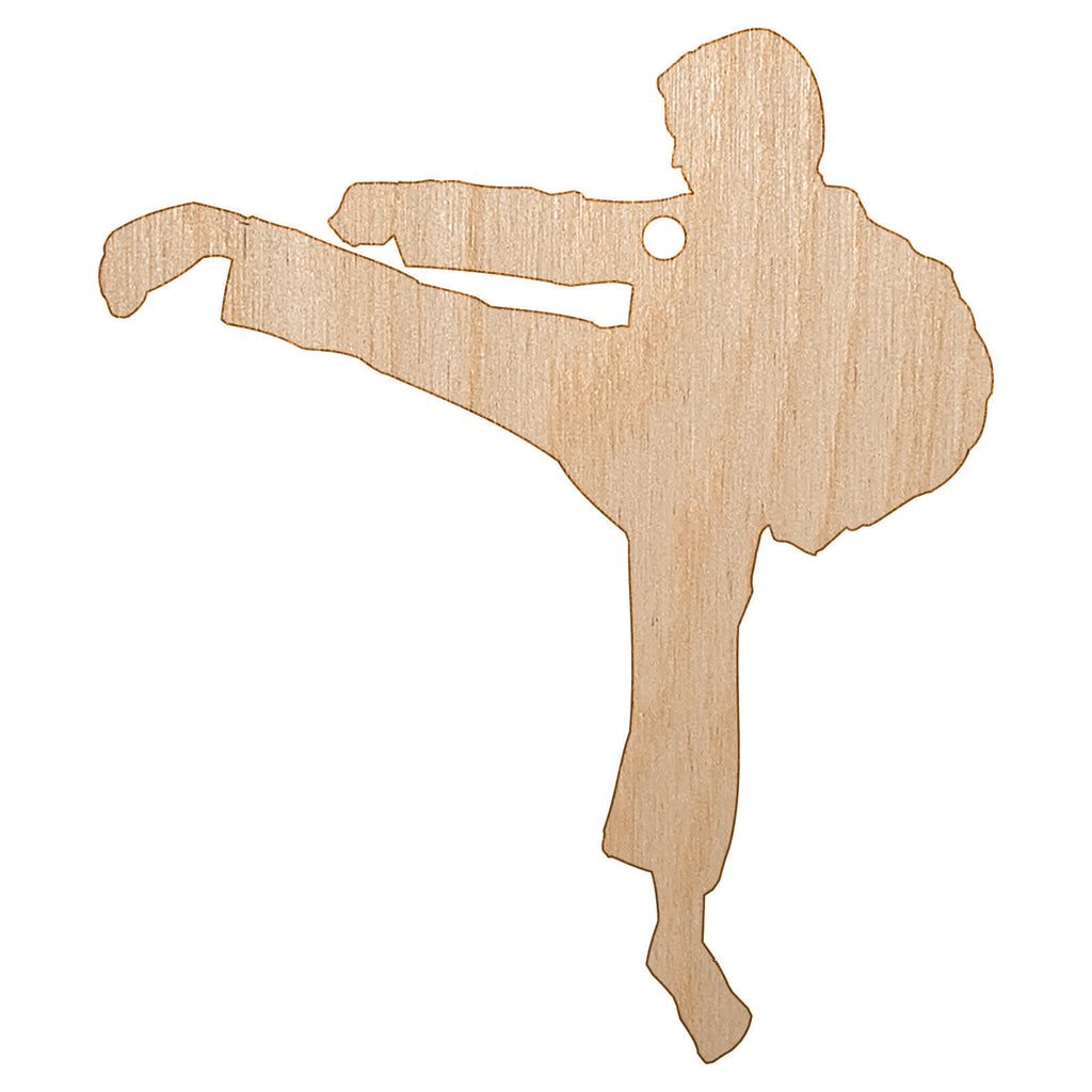 Martial Arts Karate Kick Solid Unfinished Craft Wood Holiday Christmas Tree DIY Pre-Drilled Ornament