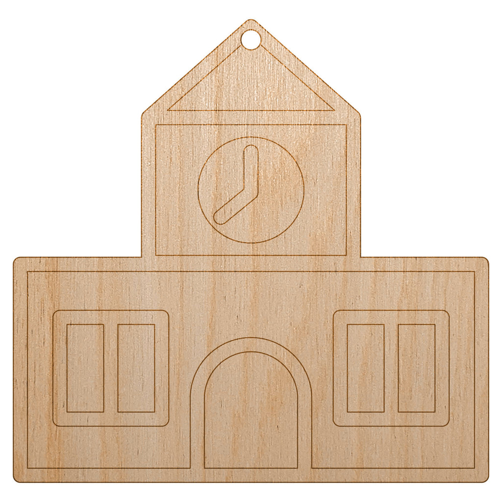 School Building Icon Unfinished Craft Wood Holiday Christmas Tree DIY Pre-Drilled Ornament