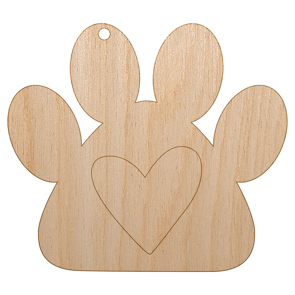 Paw Print with Heart Dog Unfinished Craft Wood Holiday Christmas Tree DIY Pre-Drilled Ornament