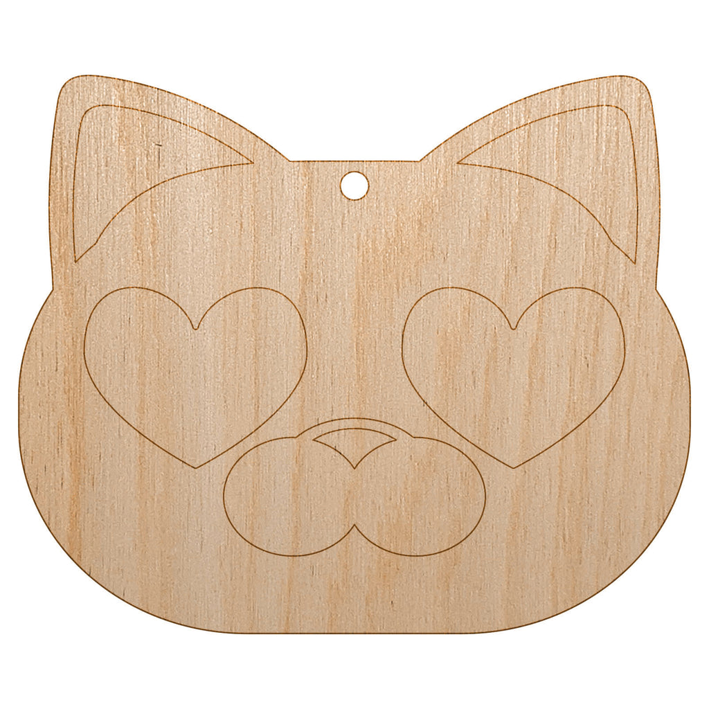 Round Cat Face Love Heart Eyes Unfinished Craft Wood Holiday Christmas Tree DIY Pre-Drilled Ornament