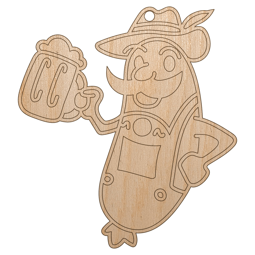 Oktoberfest Bratwurst in Lederhosen with Beer Unfinished Craft Wood Holiday Christmas Tree DIY Pre-Drilled Ornament