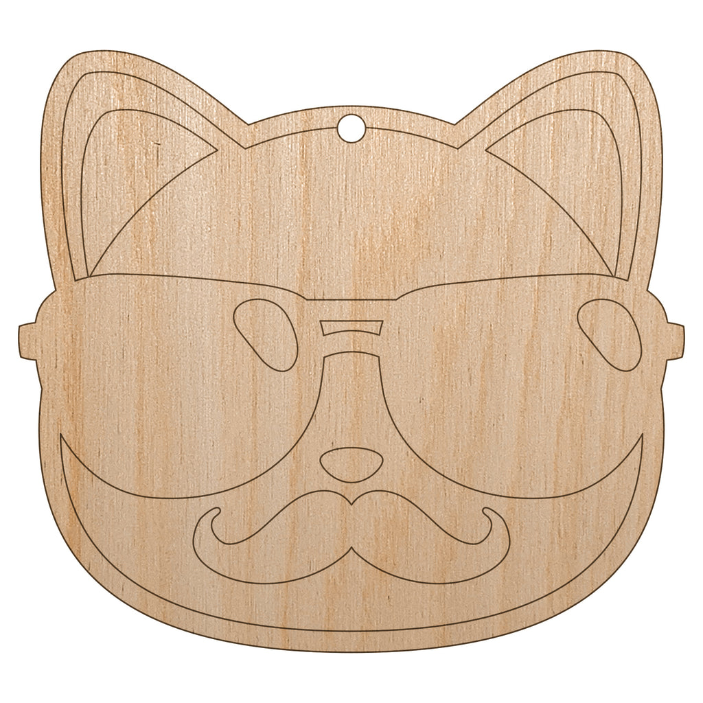 Cool Cat with Sunglasses and Mustache Unfinished Craft Wood Holiday Christmas Tree DIY Pre-Drilled Ornament