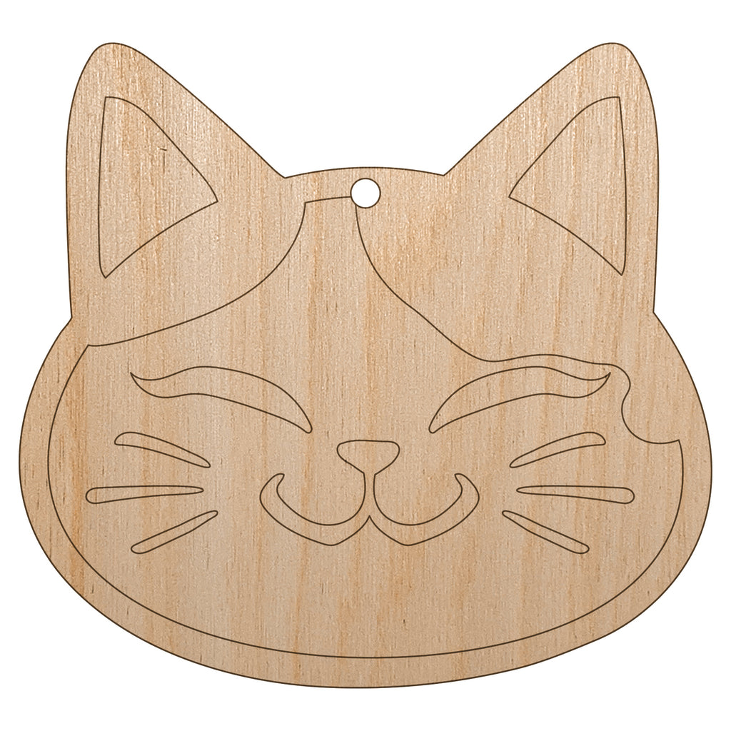 Happy Spotted Cat Face Unfinished Craft Wood Holiday Christmas Tree DIY Pre-Drilled Ornament