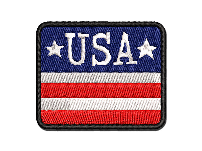 USA with Stars Patriotic Fun Text Multi-Color Embroidered Iron-On or Hook & Loop Patch Applique