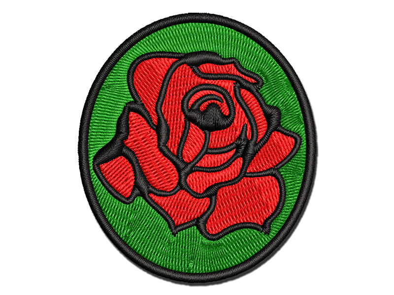 Blooming Open Rose Flower Outline Multi-Color Embroidered Iron-On or Hook & Loop Patch Applique