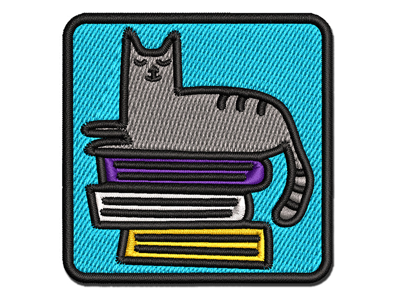 Cat and Books Reading Doodle Multi-Color Embroidered Iron-On or Hook & Loop Patch Applique