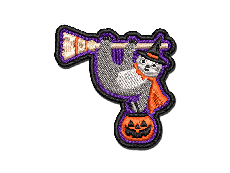 Halloween Sloth Witch and Broom Multi-Color Embroidered Iron-On or Hook & Loop Patch Applique