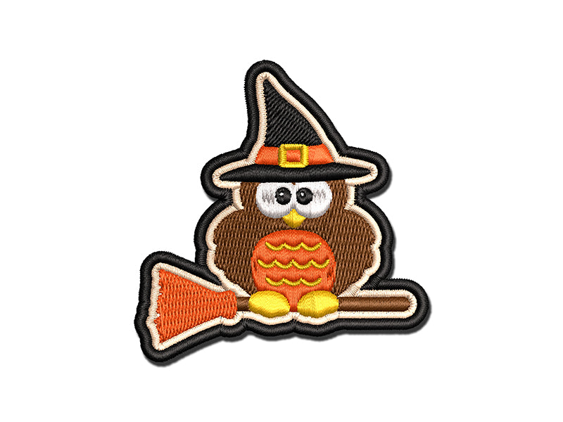 Owl with Witch Hat on Broom Halloween Multi-Color Embroidered Iron-On or Hook & Loop Patch Applique