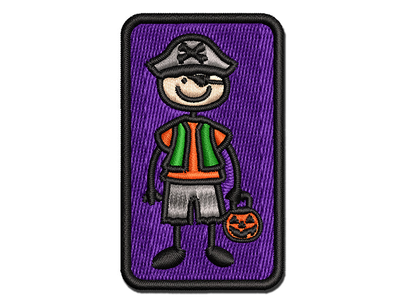 Stick Figure Boy Halloween Pirate Multi-Color Embroidered Iron-On or Hook & Loop Patch Applique