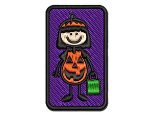 Stick Figure Girl Halloween Pumpkin Multi-Color Embroidered Iron-On or Hook & Loop Patch Applique