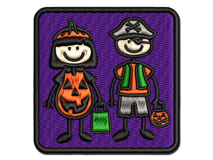 Stick Figure Halloween Trick Or Treaters Kids Multi-Color Embroidered Iron-On or Hook & Loop Patch Applique