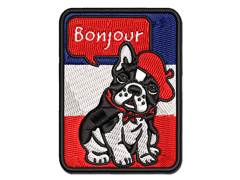 Bonjour French Bulldog with Beret and Bandana Multi-Color Embroidered Iron-On or Hook & Loop Patch Applique