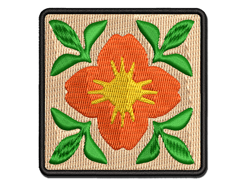 Flower and Leaves Floral Pattern Tile  Multi-Color Embroidered Iron-On or Hook & Loop Patch Applique