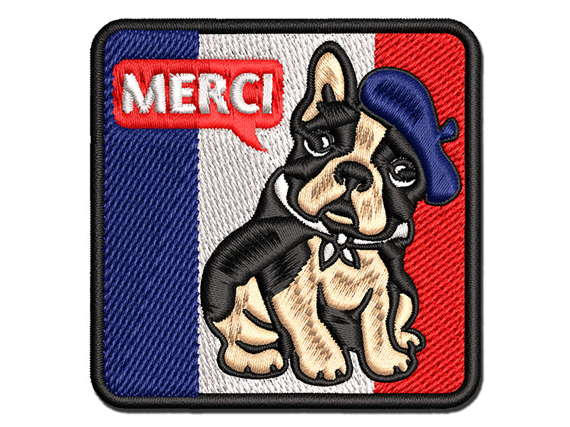 Merci Thank You French Bulldog With Beret and Bandana Multi-Color Embroidered Iron-On or Hook & Loop Patch Applique