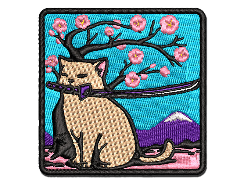 Samurai Cat Under Sakura Cherry Blossom Multi-Color Embroidered Iron-On or Hook & Loop Patch Applique