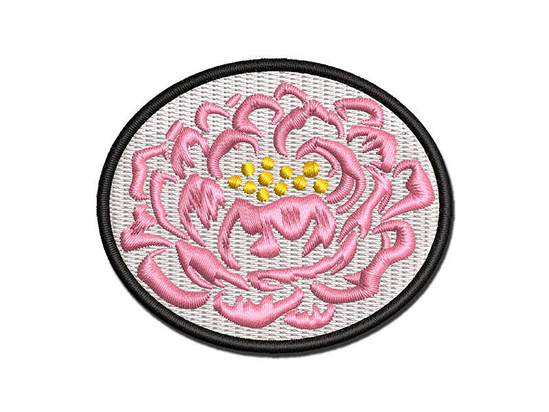 Single Peony Flower Multi-Color Embroidered Iron-On or Hook & Loop Patch Applique