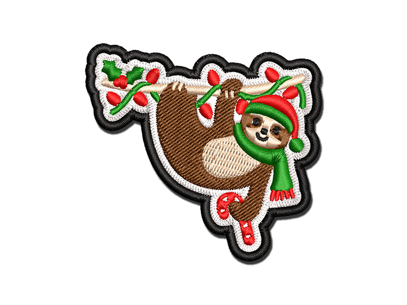 Christmas Hanging Sloth with Candy Cane Multi-Color Embroidered Iron-On or Hook & Loop Patch Applique