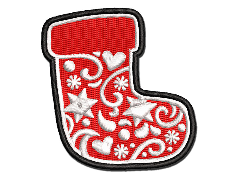 Christmas Holiday Stocking with Stars and Snowflakes Multi-Color Embroidered Iron-On or Hook & Loop Patch Applique