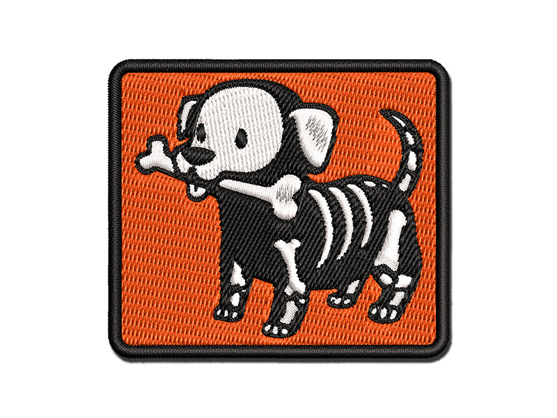 Halloween Puppy with Bone in Skeleton Costume Multi-Color Embroidered Iron-On or Hook & Loop Patch Applique