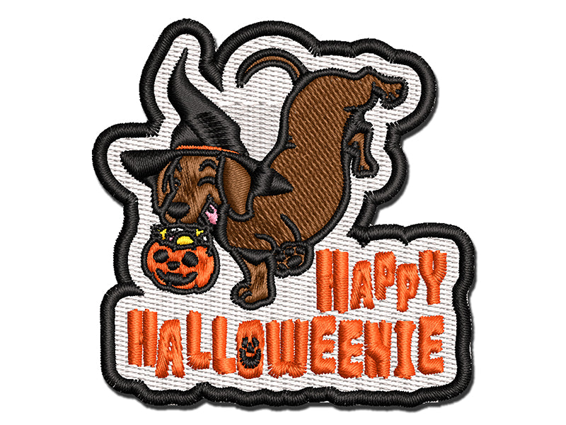 Happy Halloweenie Dachshund Weiner Dog Halloween Multi-Color Embroidered Iron-On or Hook & Loop Patch Applique