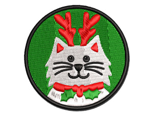 Cat Reindeer Christmas Multi-Color Embroidered Iron-On or Hook & Loop Patch Applique