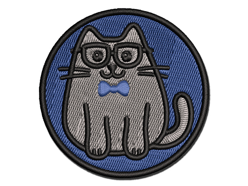 Cat Smart with Glasses and Bowtie Multi-Color Embroidered Iron-On or Hook & Loop Patch Applique