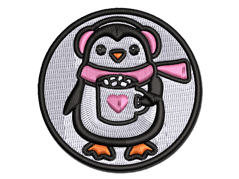 Winter Penguin with Hot Chocolate Heart Mug Multi-Color Embroidered Iron-On or Hook & Loop Patch Applique