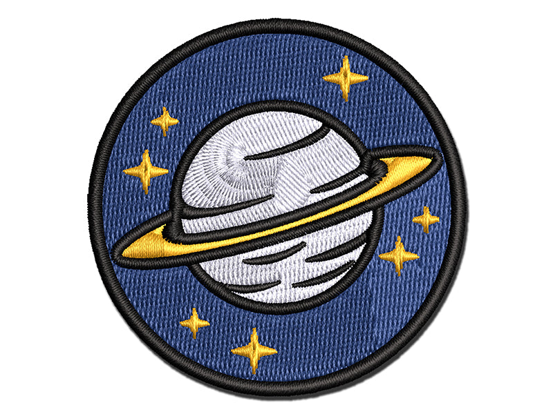 Saturn Planet with Rings and Stars Multi-Color Embroidered Iron-On or Hook & Loop Patch Applique