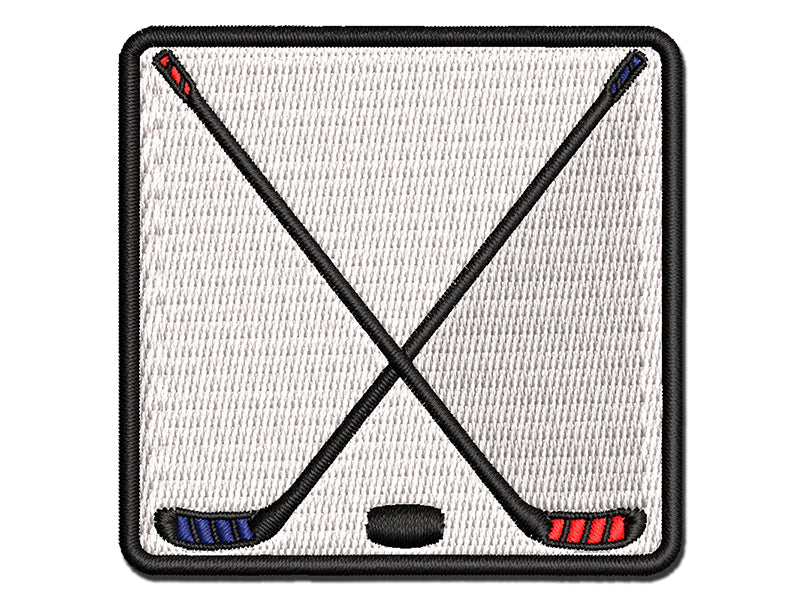 Crossed Hockey Sticks with Puck Multi-Color Embroidered Iron-On or Hook & Loop Patch Applique