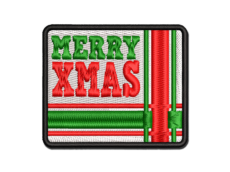 Merry Xmas Christmas with Corner Ribbon Multi-Color Embroidered Iron-On or Hook & Loop Patch Applique