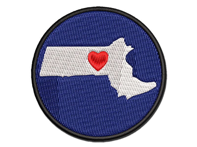 Massachusetts State with Heart Multi-Color Embroidered Iron-On or Hook & Loop Patch Applique