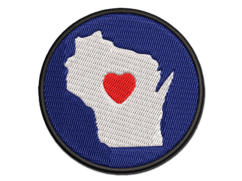 Wisconsin State with Heart Multi-Color Embroidered Iron-On or Hook & Loop Patch Applique