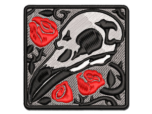 Crow Raven Bird Skull with Roses Multi-Color Embroidered Iron-On or Hook & Loop Patch Applique