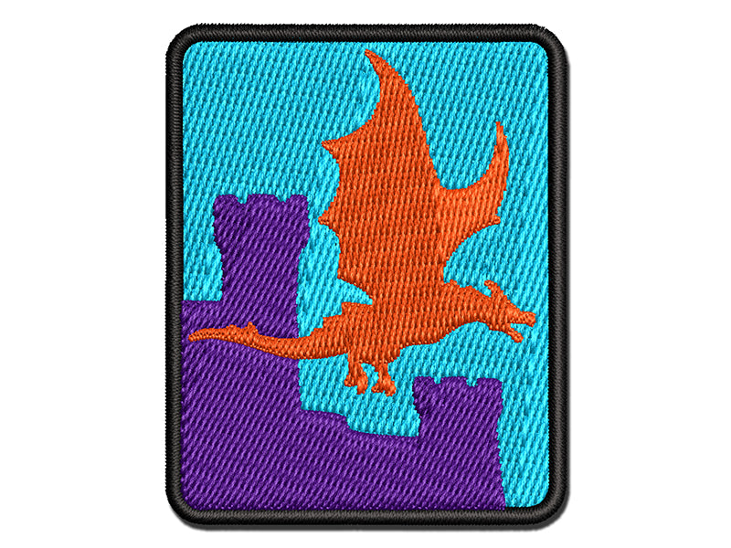 Dragon Flying Over Medieval Castle Multi-Color Embroidered Iron-On or Hook & Loop Patch Applique
