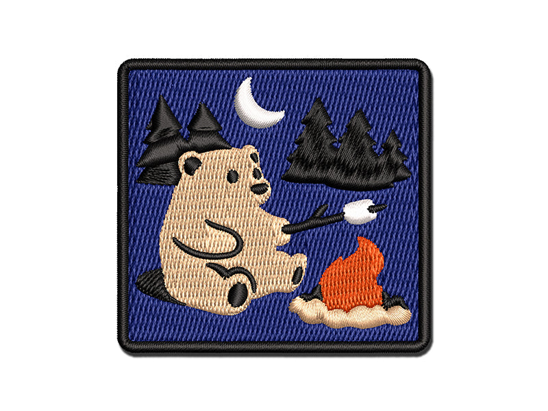 Hungry Bear Making S'mores over a Campfire Multi-Color Embroidered Iron-On or Hook & Loop Patch Applique