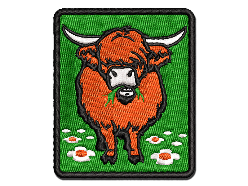 Shaggy Highland Cow Eating Grass Multi-Color Embroidered Iron-On or Hook & Loop Patch Applique