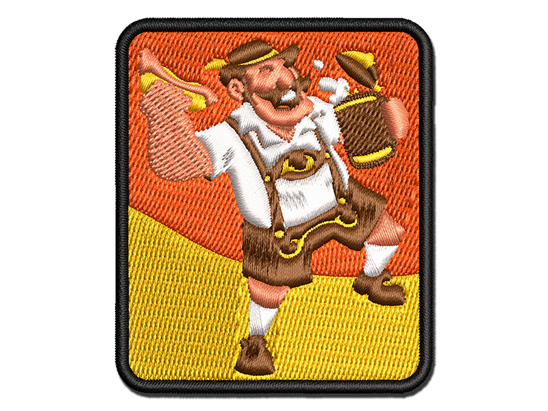 Jolly Bavarian Man in Lederhosen with Beer Stein and Sausage Multi-Color Embroidered Iron-On or Hook & Loop Patch Applique