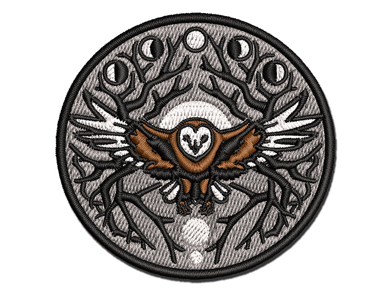 Intricate Barn Owl with Wreath of Branches and Moon Phases Multi-Color Embroidered Iron-On or Hook & Loop Patch Applique