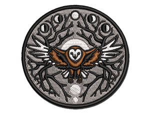 Intricate Barn Owl with Wreath of Branches and Moon Phases Multi-Color Embroidered Iron-On or Hook & Loop Patch Applique