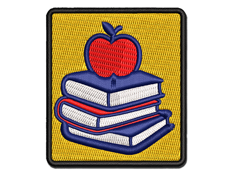 Apple on Stack of Books Reading Library Teacher Multi-Color Embroidered Iron-On or Hook & Loop Patch Applique