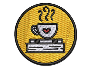 Coffee Sitting on Stack of Books Reading Multi-Color Embroidered Iron-On or Hook & Loop Patch Applique