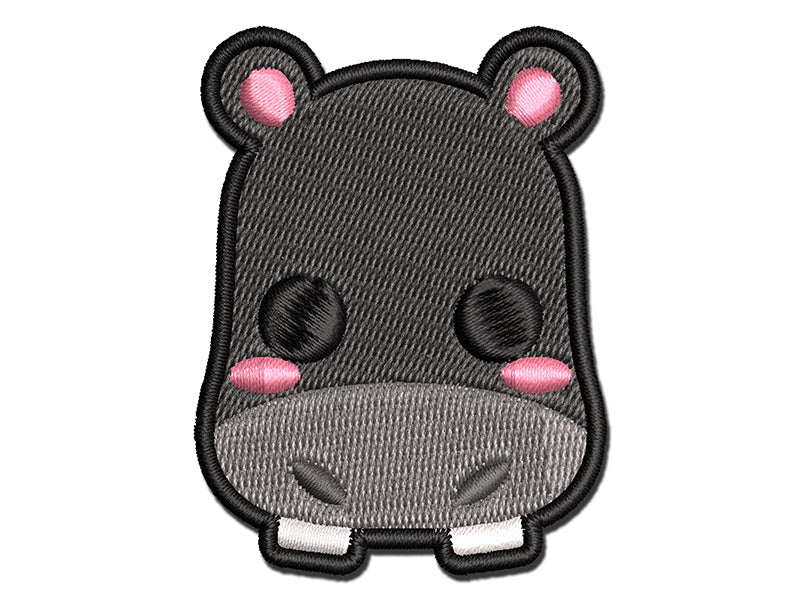 Charming Kawaii Chibi Hippopotamus Face Blushing Cheeks Multi-Color Embroidered Iron-On or Hook & Loop Patch Applique