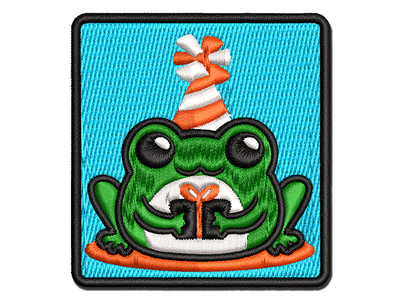 Delightful Kawaii Chibi Birthday Frog Toad Holding Gift Multi-Color Embroidered Iron-On or Hook & Loop Patch Applique