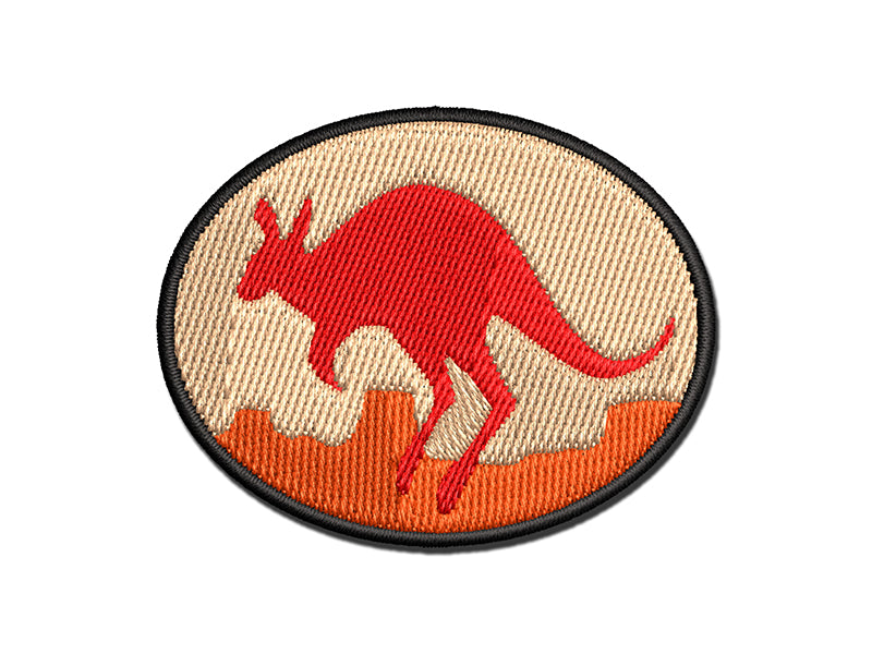 Leaping Red Kangaroo Silhouette Australian Marsupial Multi-Color Embroidered Iron-On or Hook & Loop Patch Applique