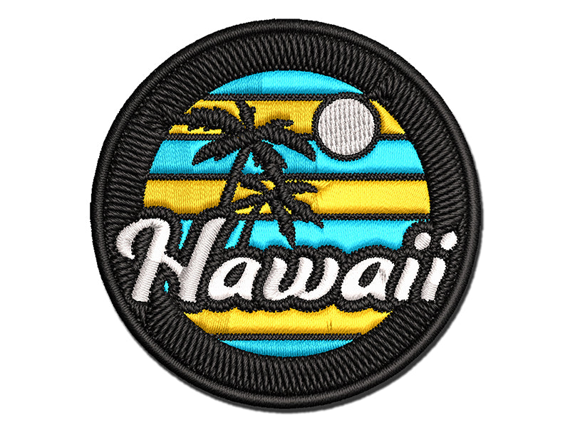 Hawaii Sunset Text with Palm Trees Multi-Color Embroidered Iron-On or Hook & Loop Patch Applique