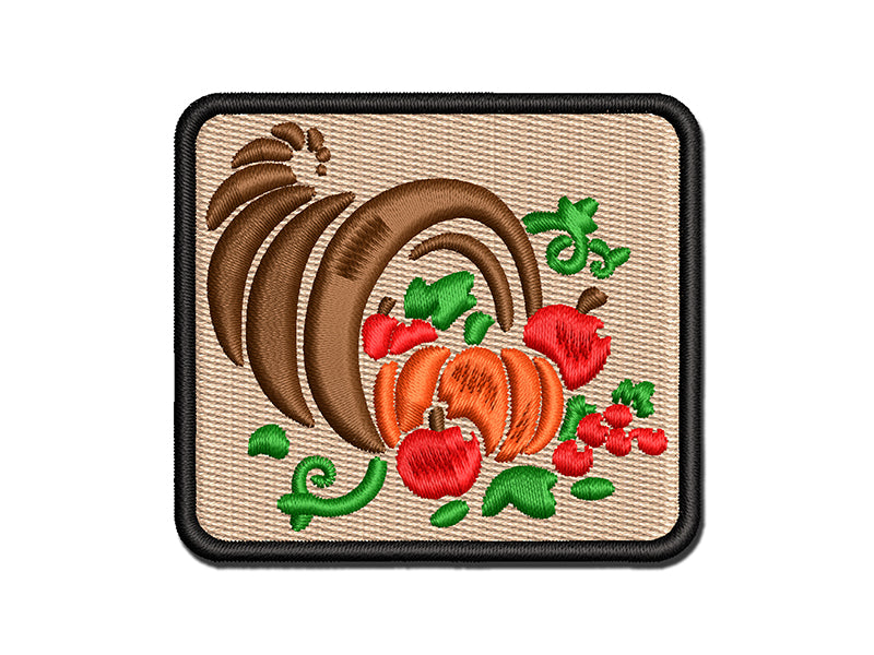 Thanksgiving Holiday Harvest Cornucopia with Apples and Pumpkins Multi-Color Embroidered Iron-On or Hook & Loop Patch Applique