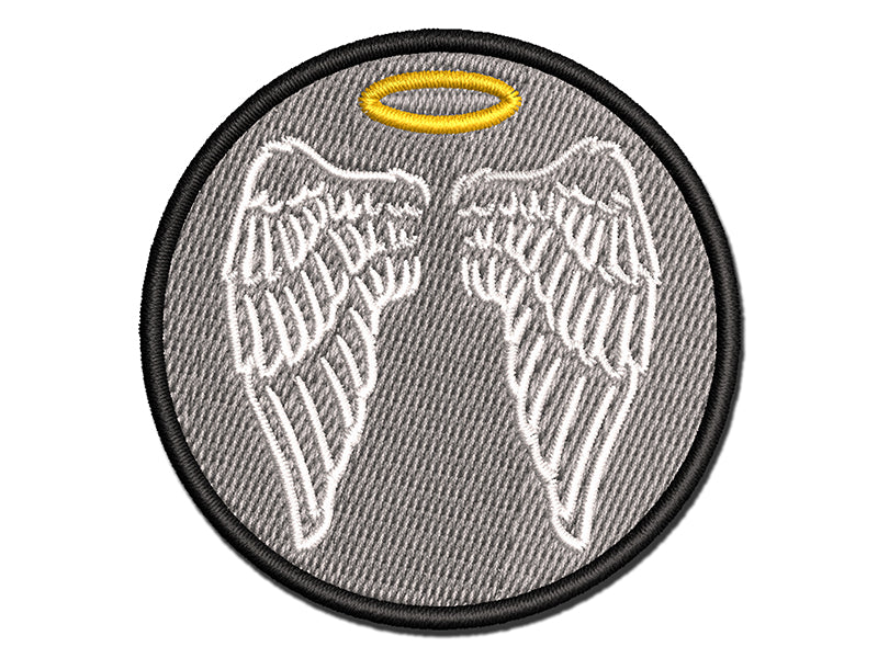 Folded Angel Wings with Halo Feathers Multi-Color Embroidered Iron-On or Hook & Loop Patch Applique