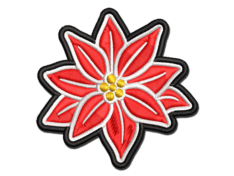 Poinsettia Flower Christmas Multi-Color Embroidered Iron-On or Hook & Loop Patch Applique